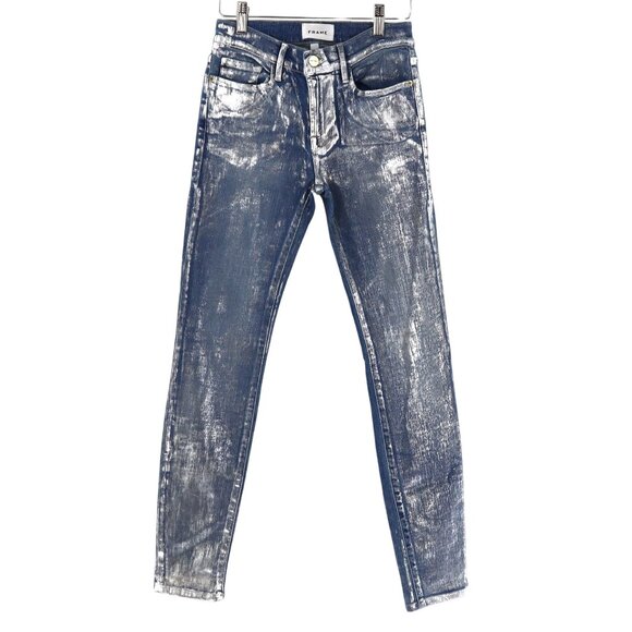 Frame Metalic Skinny Jeans Womens 24 Blue Festival Mod Futuristic Classic NWOT - Picture 2 of 11